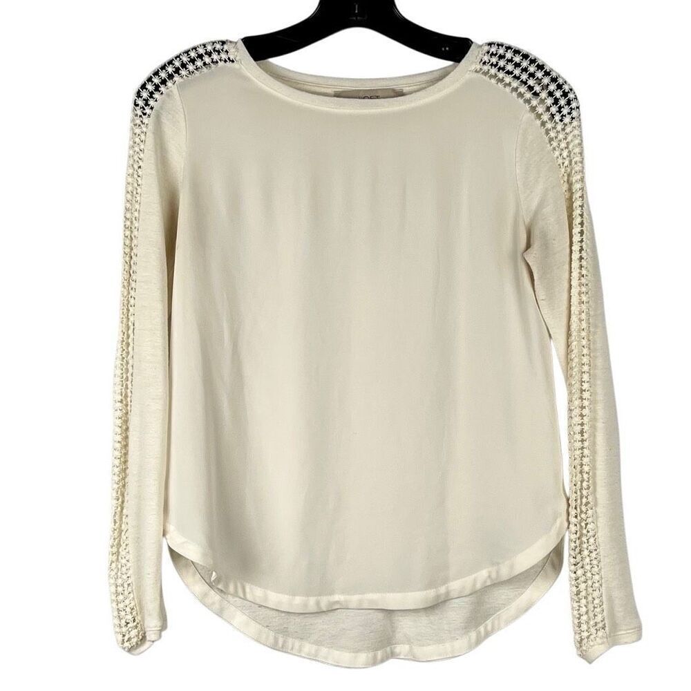 Ann Taylor Loft Petite Cream Crochet Sleeve Detail Silky Cotton Blend Top XSP